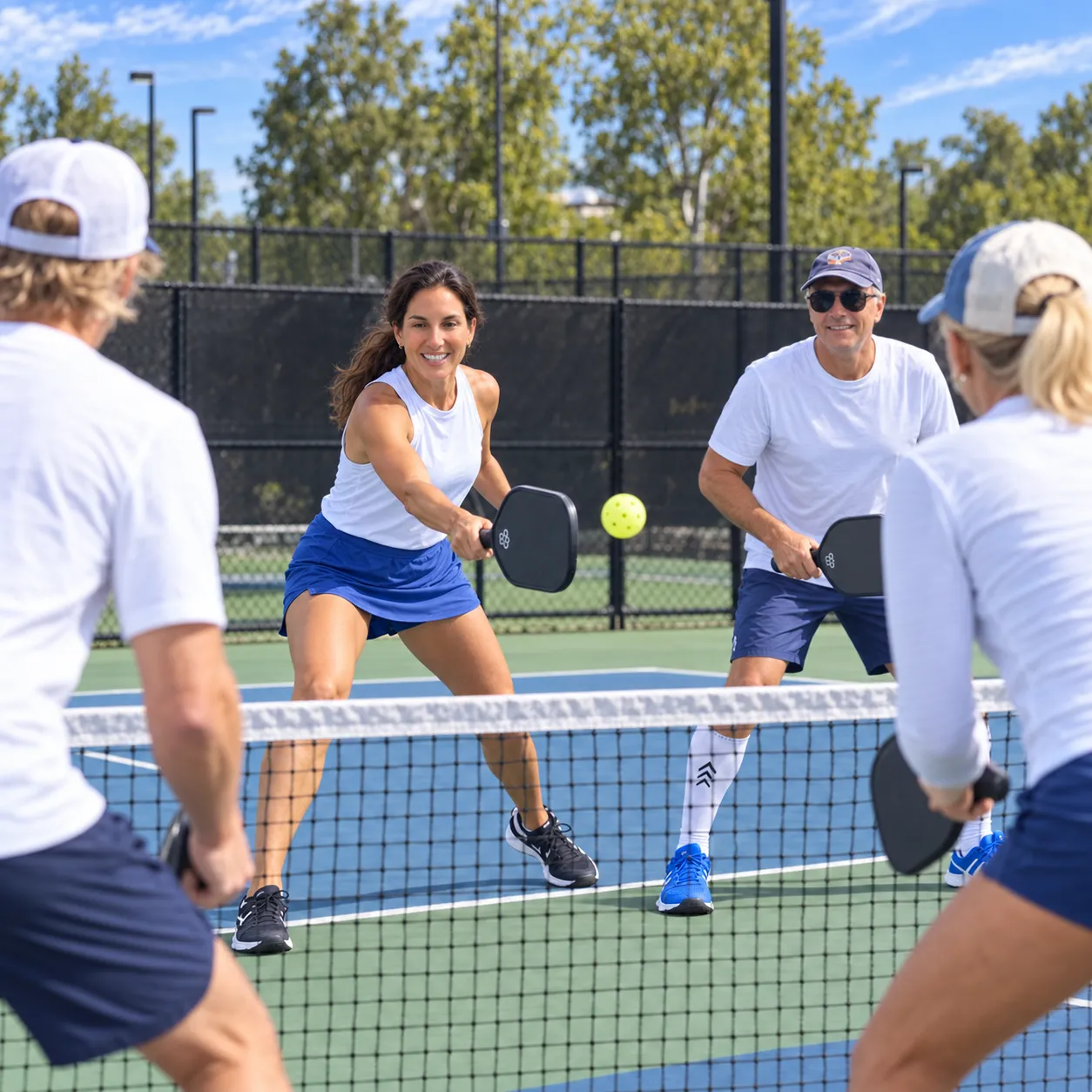 Jen rallying at the net in a doubles game with three other players