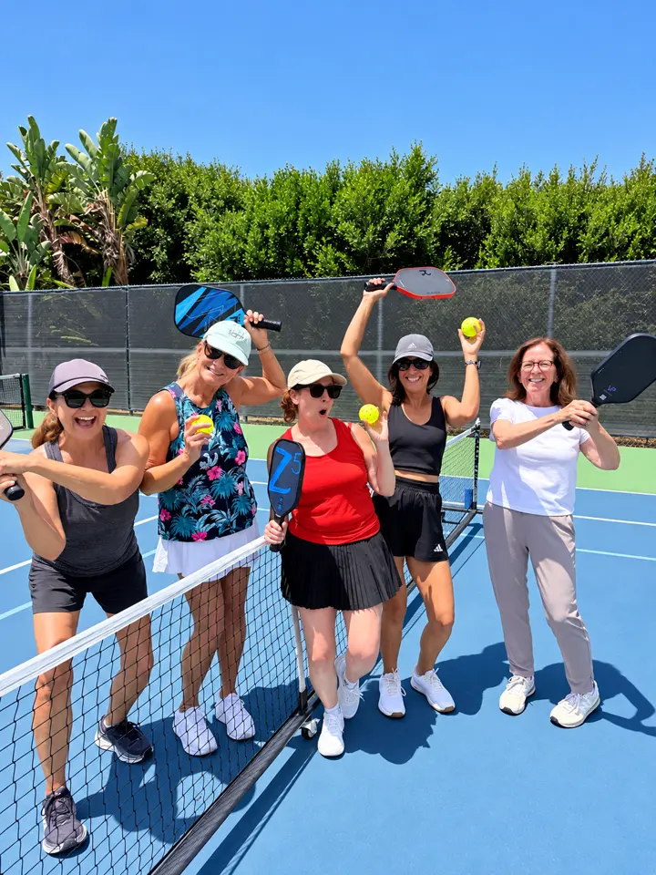 A group of players celebrating on a sunny court