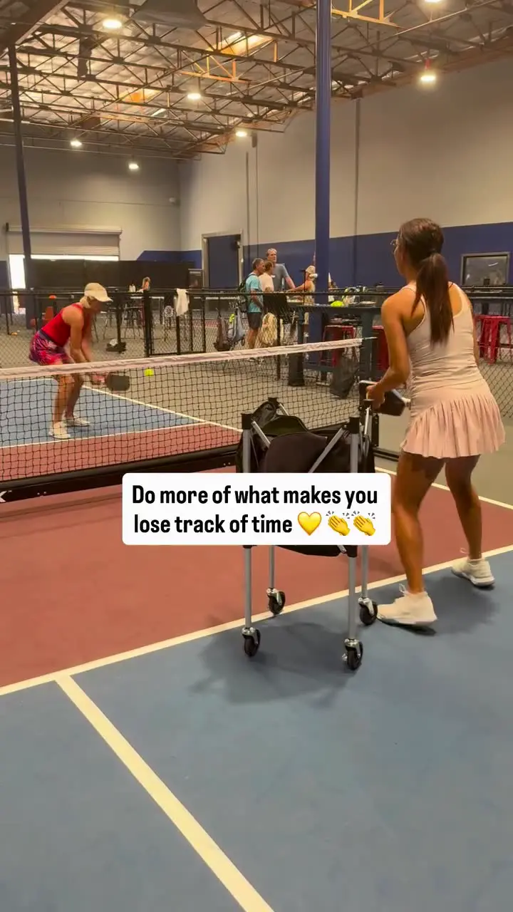 Instagram reel: Jen feeding balls on an indoor court — “Do more of what makes you lose track of time.”